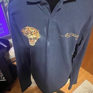Christian Audigier - Ed Hardy Navy Polo Shirt with Tiger and Wing Embroidery